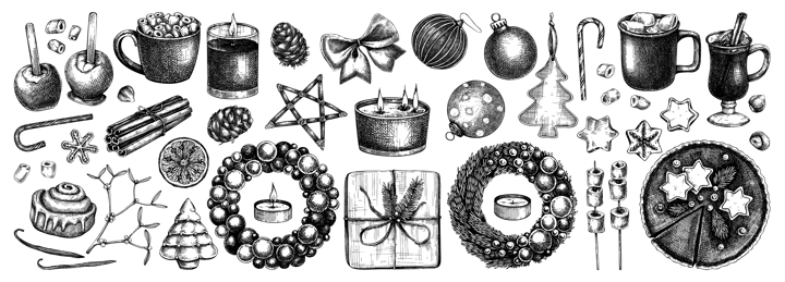 Christmas decoration - wreaths, gifts, sweets, Christmas tree decor, hot drinks and spices sketches. Vintage design elements for winter holyday. Black and white. New Year greeting card or invitation.